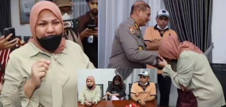 Evi, ibu korban saat di Mapolda Sumut