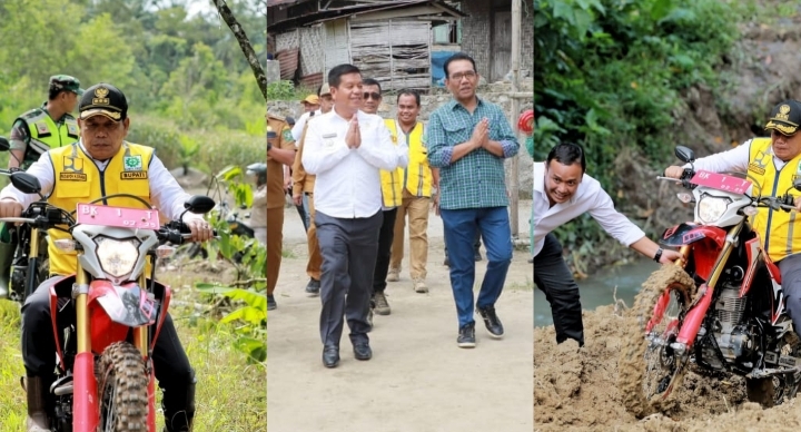 Bupati dan Ketua DPRD Simalungun meninjau pembukaan jalan TMMD menaiki sepedamotor trail (photo istimewa)
