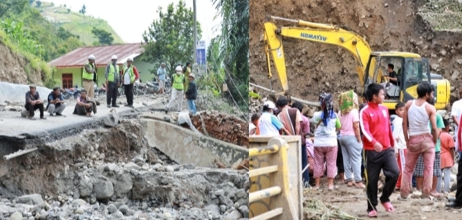 Alat berat Pemkab Simalungun dan jalan putus yang akan dipasang Bailey