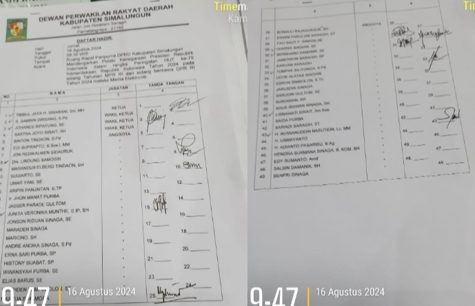 Absensi kehadiran anggota DPRD Simalungun pasca pidato kenegaraan HUT RI Ke-79 oleh Presiden RI Joko Widodo