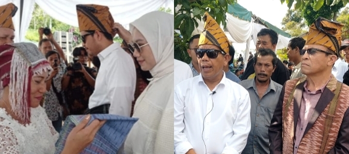 Penyematan Hiou kepada calon wakil bupati dan istri, fhoto bersama calon Bupati Radiapoh Hasiholan Sinaga dan Irjen Pol (Purn) Wagner Damanik