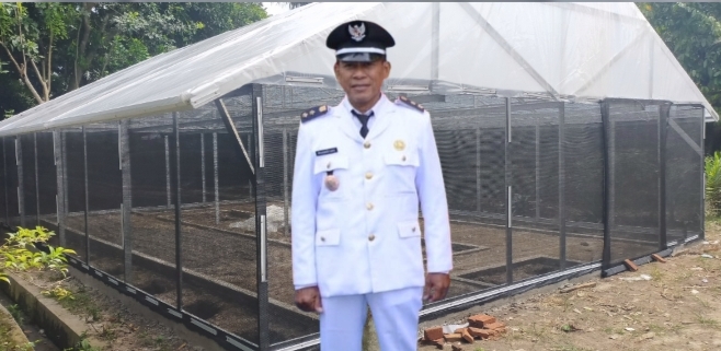 Pangulu Nagori Margomulyo Muhamad Sapii dengan latar belakang Green House Kebun Anggur bersumber Dana Desa TA 2024 di atas tanah Kaur Ekbang Ngatiman