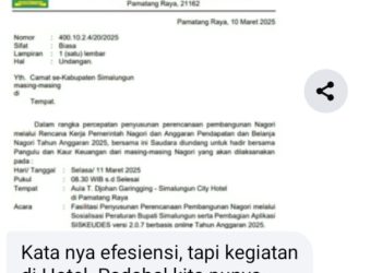 Surat edaran Sekda Simalungun Esron Sinaga terkait kegiatan Pemkab Simalungun, Selasa (11/3/2025) di Simalungun City Hotel Pematang Raya