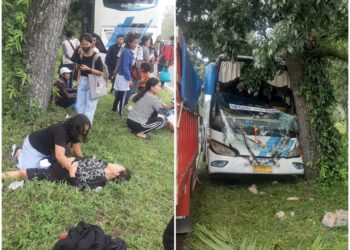 BUS SEJAHTERA UGAL-UGALAN TABRAK POHON DI DOLOK MERANGIR