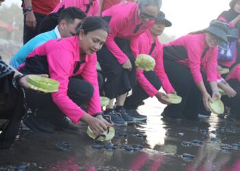 Lestarikan Satwa Penyu, Bhayangkari Lepas 600 Ekor Tukik di Pantai Pangkung Tibah Tabanan
