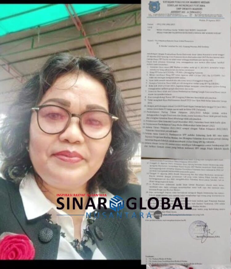 Keterangan gambar,Kiri;Kasek SMP Markus Medan Kariani Tambunan.Kanan ; Surat Permohonan Klarifikasi yang ditujukan ke Pimpinan Redaksi Sinar Global Nusantara