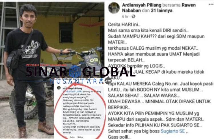 Foto: kiri pemilik akun Facebook Ardiansyah Piliang,kanan; postingan ujaran kebencian berbau SARA.

Sumber foto:Akun Facebook Ardiansyah Piliang