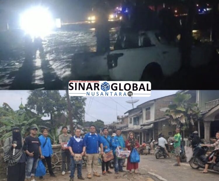Keterangan Foto: Sebuah mobil hanyut akibat banjir Jumat diri hari di Kecamatan Dolok Batu Nanggar (atas),KNPI Simalungun sambangi korban banjir sembari menyerahkan bantuan sosial (Bawah)