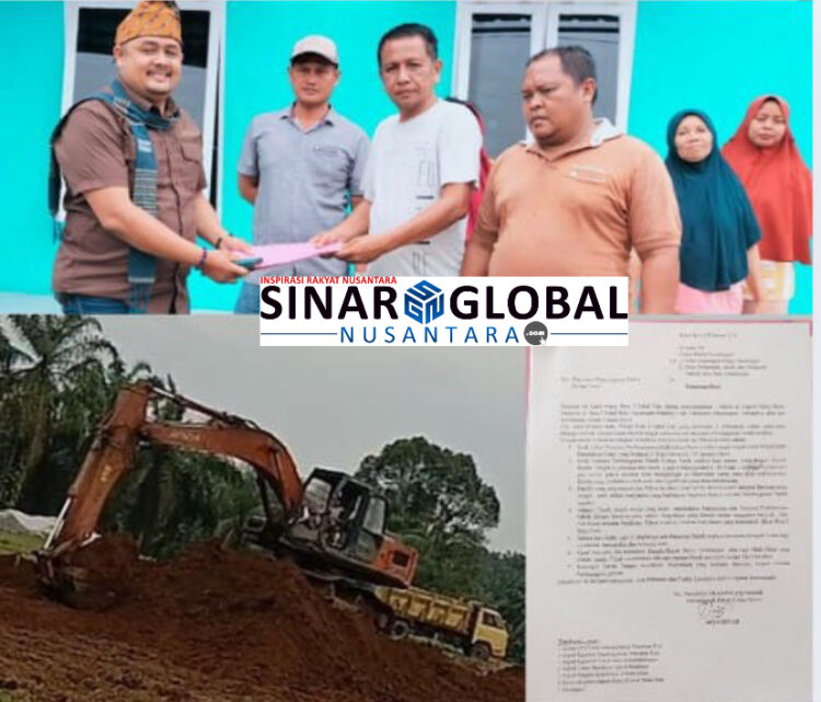 Keterangan foto: Irwansyah selaku Perwakilan masyarakat Bahal Batu saat menyerahkan bukti surat penolakan pembangunan PKS didekat permukiman warga dan meminta Media PERS mengawasi kasus tersebut (foto atas).Alat berat excavator yang diduga menggunakan minyak solar Subsidi pada pembangunan PKS milik Barita Dolok Saribu (foto bawah)
