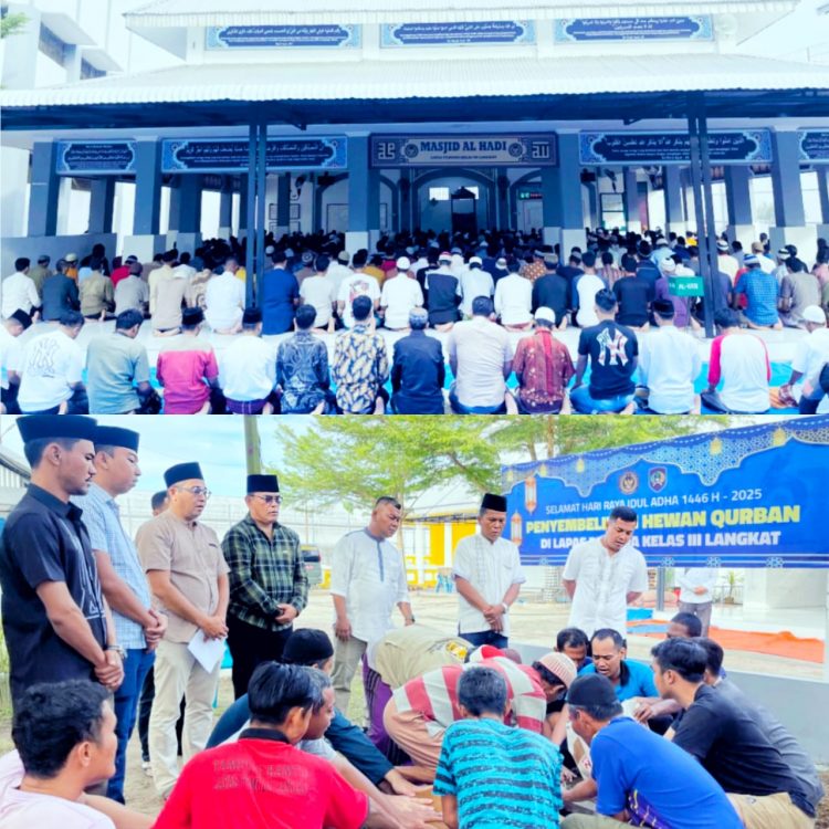 Jajaran Lembaga Pemasyarakatan (Lapas) Pemuda Kelas III Langkat melaksanakan Sholat Ied Berjamaah dan potong 3 ekor hewan Qurban Jumat (6/6/2025) Foto: Dok. SGN