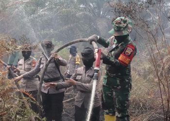 Srikandi Danramil dan Polwan Polres Rohil ikut Memadamkan Api di Rohil
