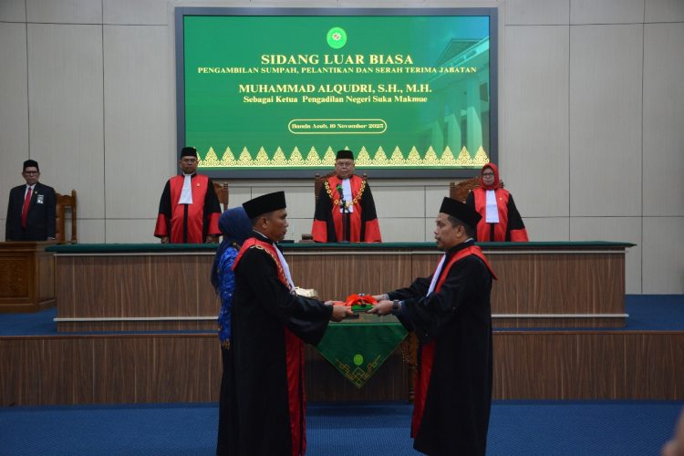 Ketua Pengadilan Tinggi (KPT) Banda Aceh melantik Muhammad Alqudri, SH, MH sebagai Ketua Pengadilan Negeri Suka Makmue, Nagan Raya pada Senin tanggal 10 November 2025.