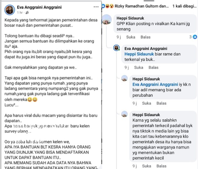 Screenshot keluhan terbuka atau Surat Terbuka yang disampaikan warga Bosar Nauli melalui akun Facebook Eva Anggraini Anggraini,dan beberapa komentar dari warga Net.