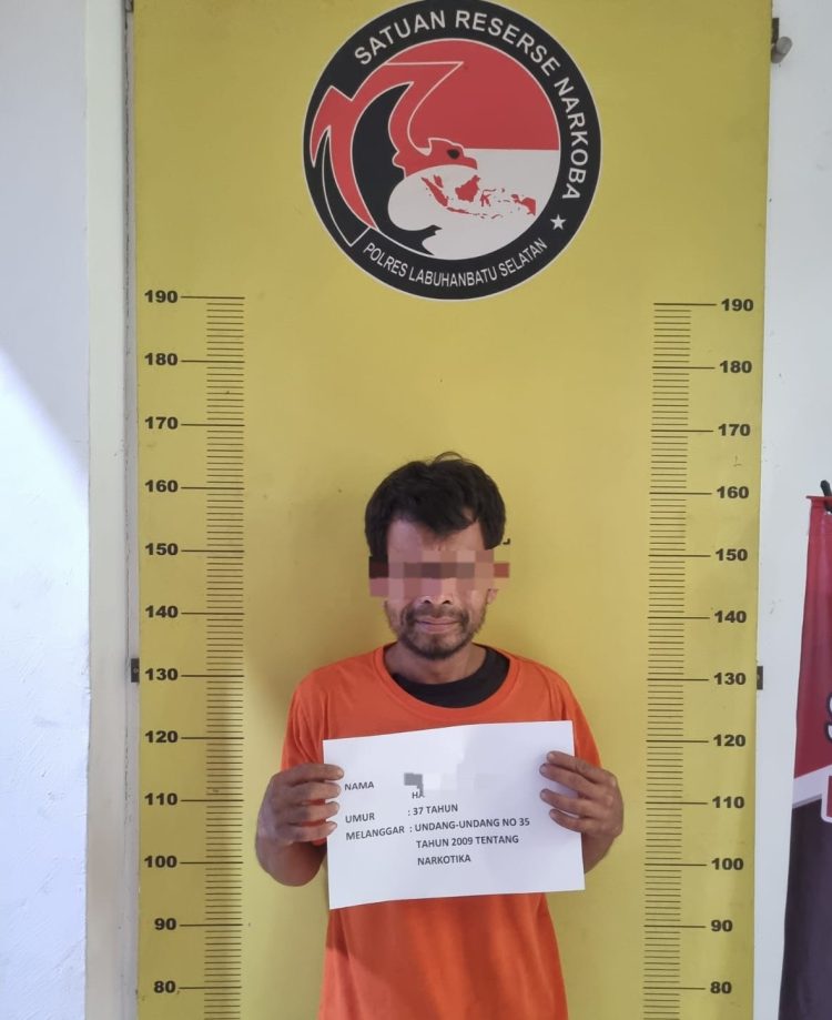Tersangka pemilik narkoba saat diamankan Satres Narkoba Polres Labuhanbatu Selatan (Labusel), berserta sejumlah barang bukti.