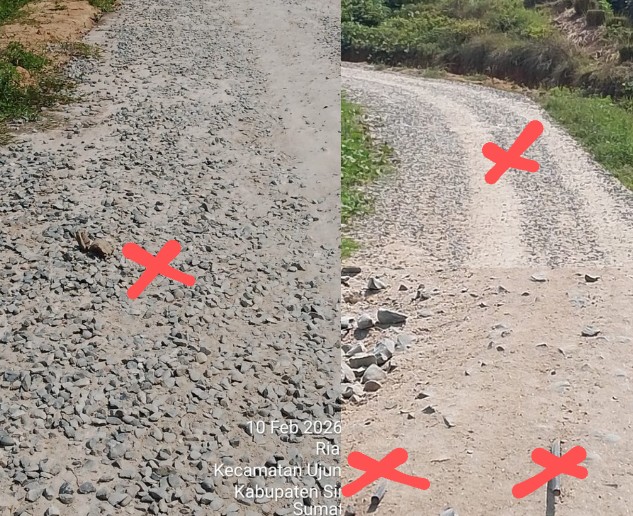 Selain tampak retak, rabat beton juga telah terkelupas, dan hancur di sejumlah titik. Bahkan, pada beberapa bagian terlihat agregat batu terlepas dari ikatan semen, besi tulangan juga juga muncul kepermukaan.Selasa (10/02/2026)