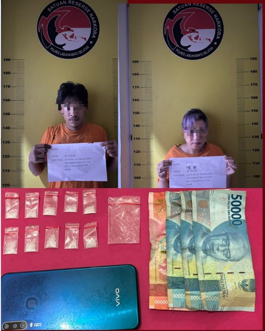 Dua pemilik sabu saat diamankan petugas bersama 10 paket sabu dengan berat bruto 1,70 gram, satu plastik klip ukuran sedang, uang tunai Rp250 ribu, serta satu unit telepon genggam merek Vivo.