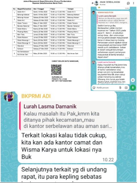 Jadwal pelaksanaan Musyawarah khusus pembentukan KMP yang ditandatangani Camat Dolok Batunanggar, dan screenshot perbincangan masyarakat dengan Lurah di grup whatsapp anak Serbelawan.