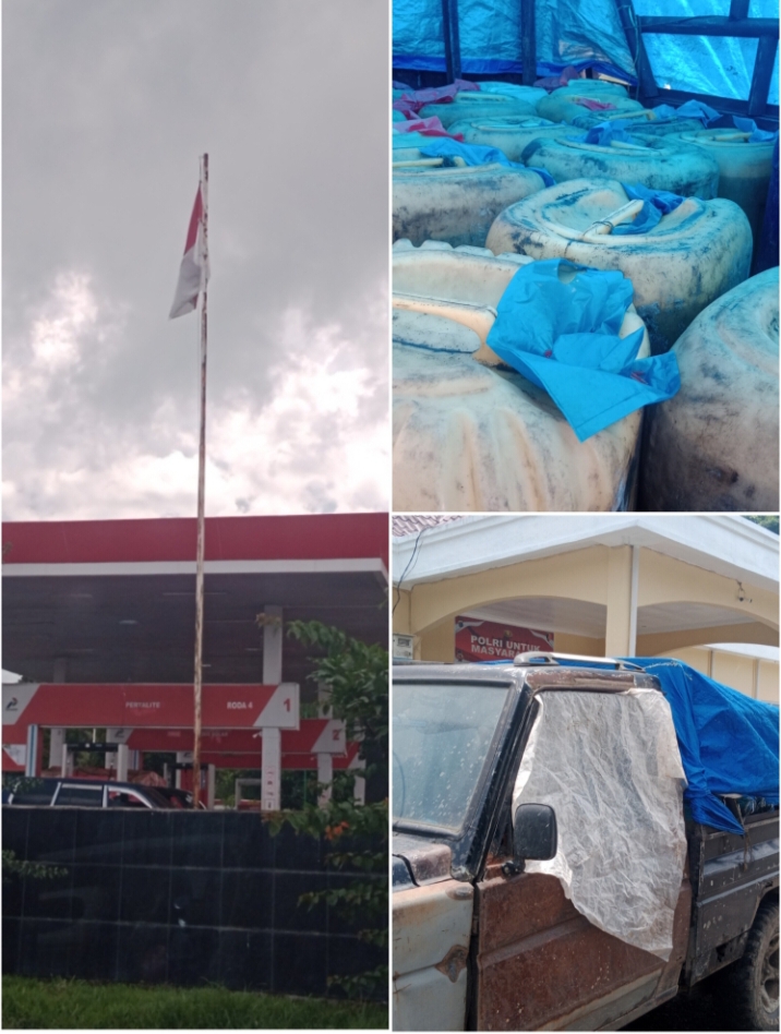 Gambar SPBU Pematang Raya, barang bukti BBM bersubsidi dan mobil L300 yang diamankan Polres Simalungun.