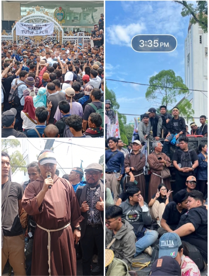 Puluhan ribu massa unjukrasa di kantor Gubernur Sumatera Utara, dipimpin Ketua Umum Sekber Gerakan Oikumenis Keadilan Ekologis Sumatera Utara Pastor Walden Sitanggang. (Dok: Jonli Simarmata)