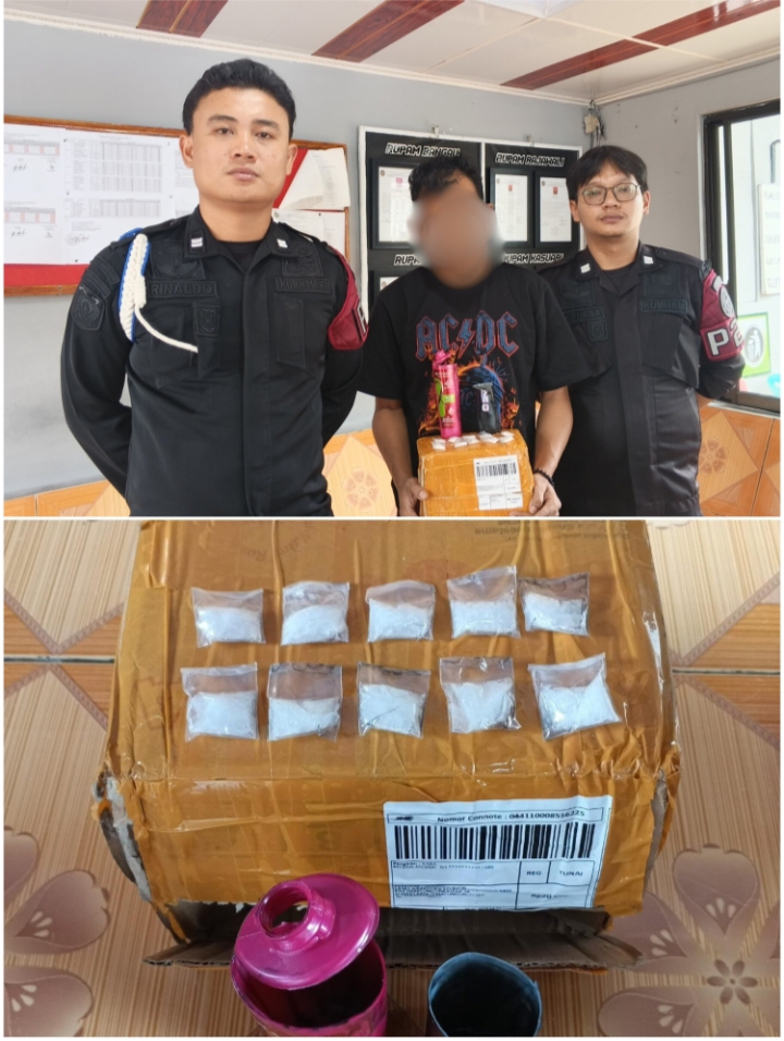 Rinaldo Saragih dan Mimito Purba selaku petugas pengamanan pintu utama Lapas Narkotika Pematangsiantar bersama pelaku dan barang bukti narkotika jenis sabu.