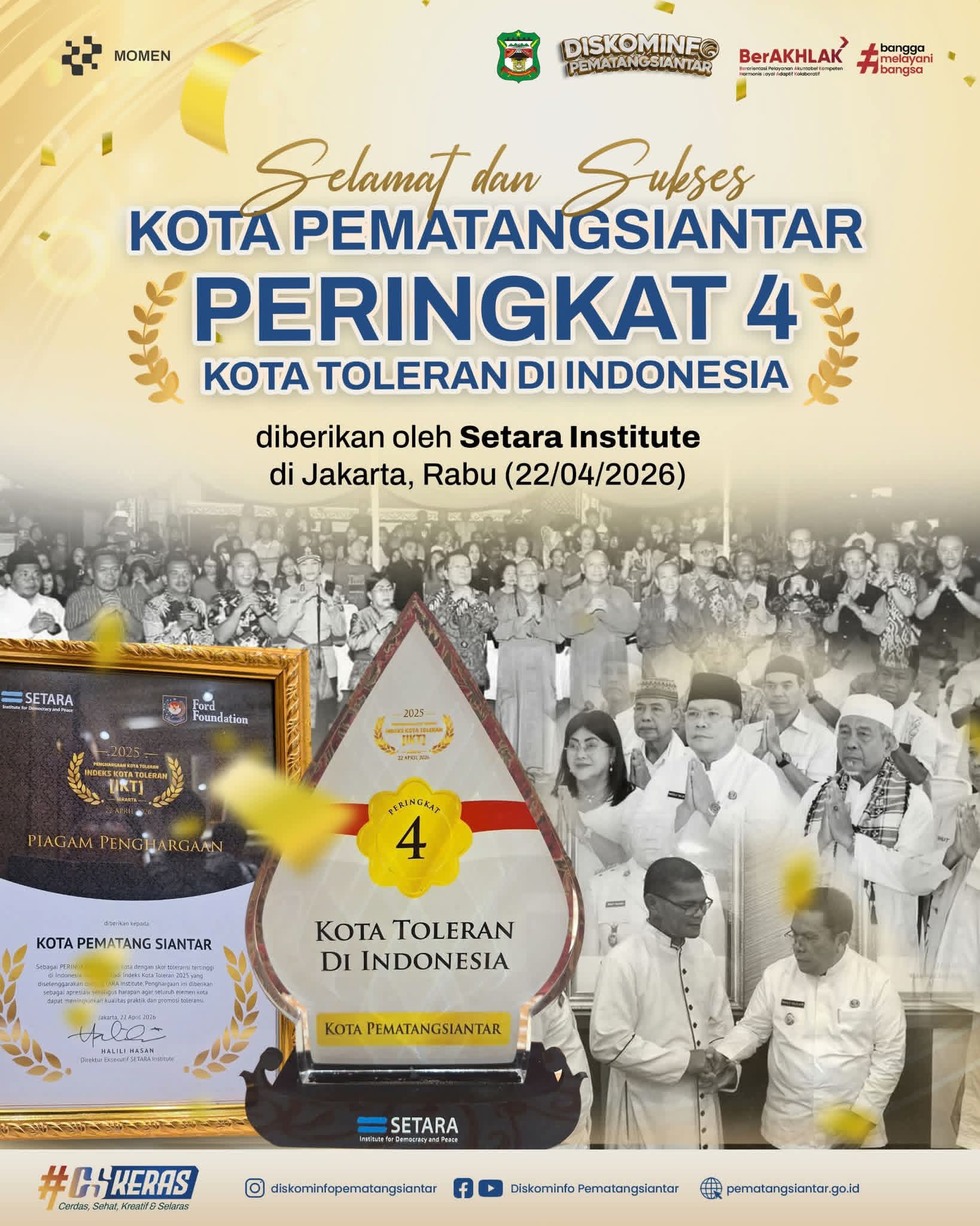 Kado Hari Jadi ke-155, Pematangsiantar Naik ke Peringkat 4 Kota Toleran di Indonesia