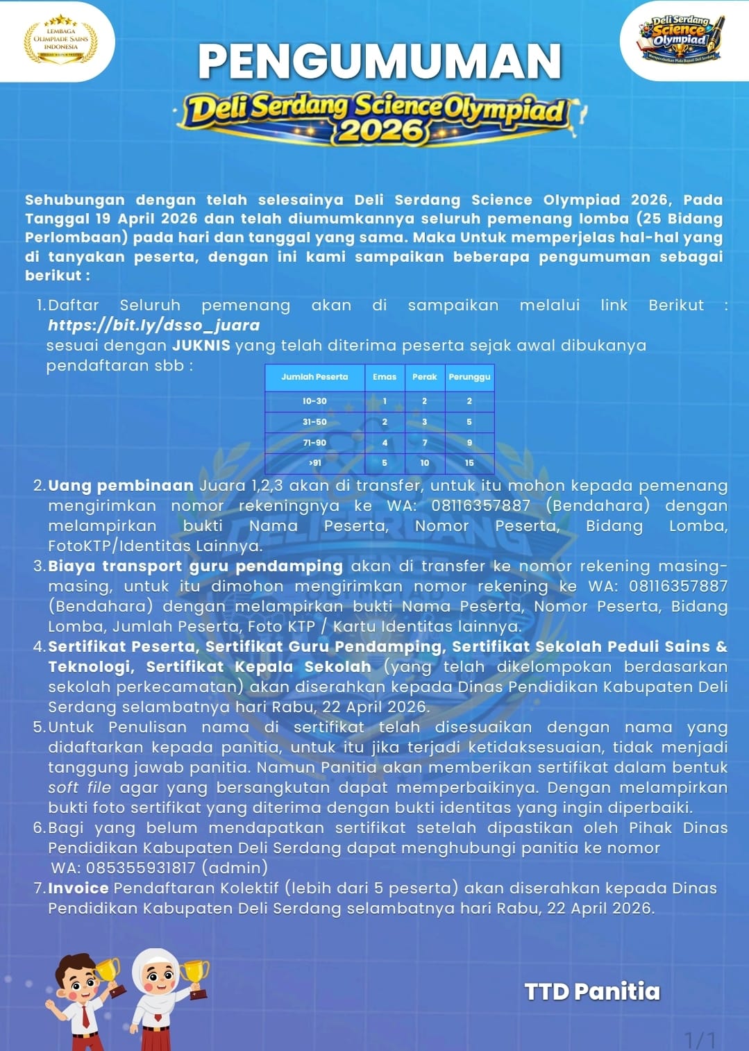 Uang Pembinaan Pemenang Deli Serdang Science Olympiad 2026 Disalurkan, Segera Cek Link Dibawah Ini