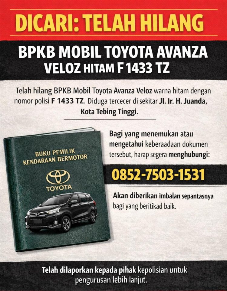 DICARI: TELAH HILANG BPKB MOBIL TOYOTA AVANZA VELOZ HITAM F 1433 TZ