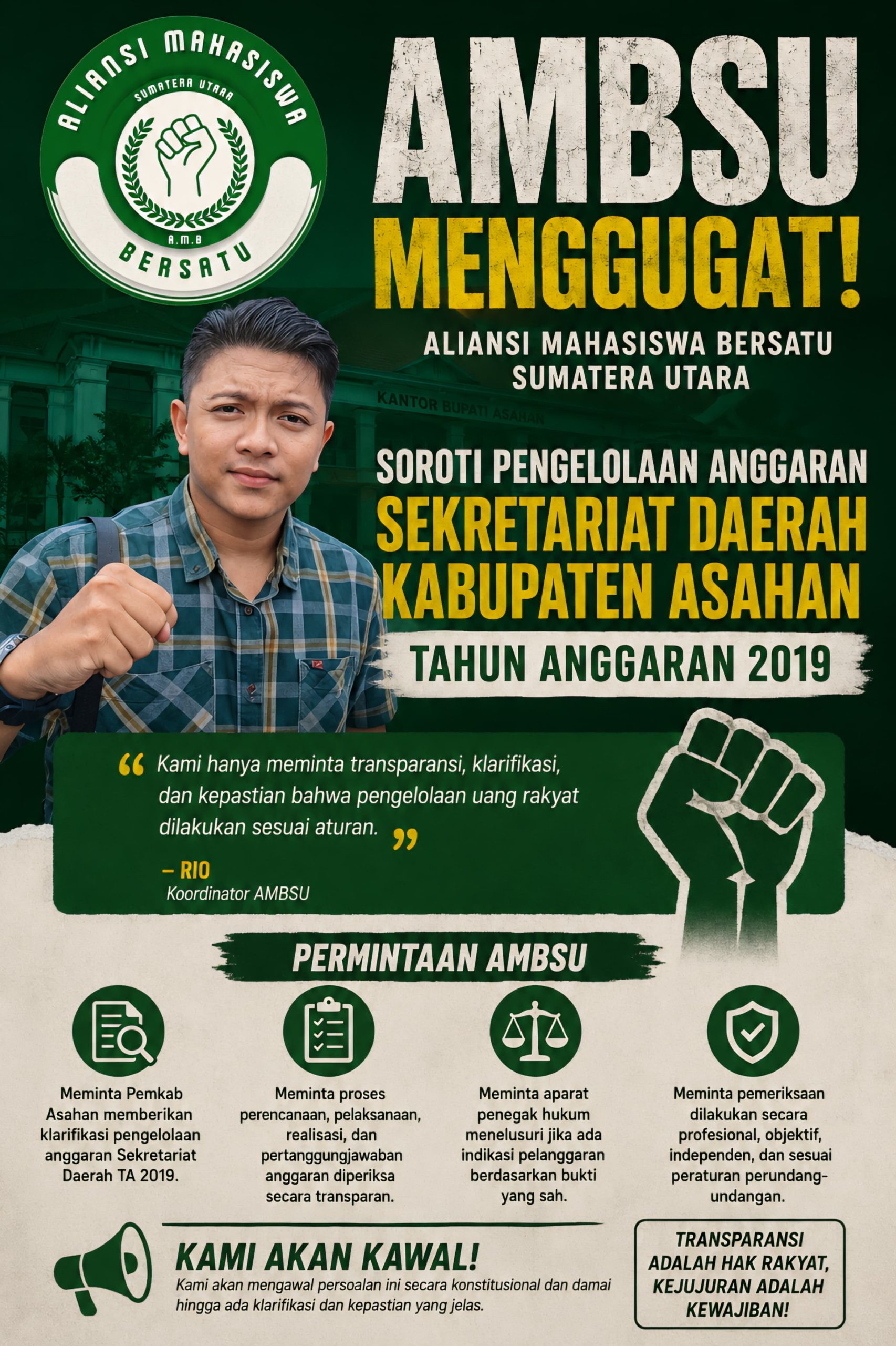Aliansi Mahasiswa Bersatu Sumatra Utara Soroti Pengelolaan Anggaran Sekretariat Daerah Kabupaten Asahan Tahun 2019