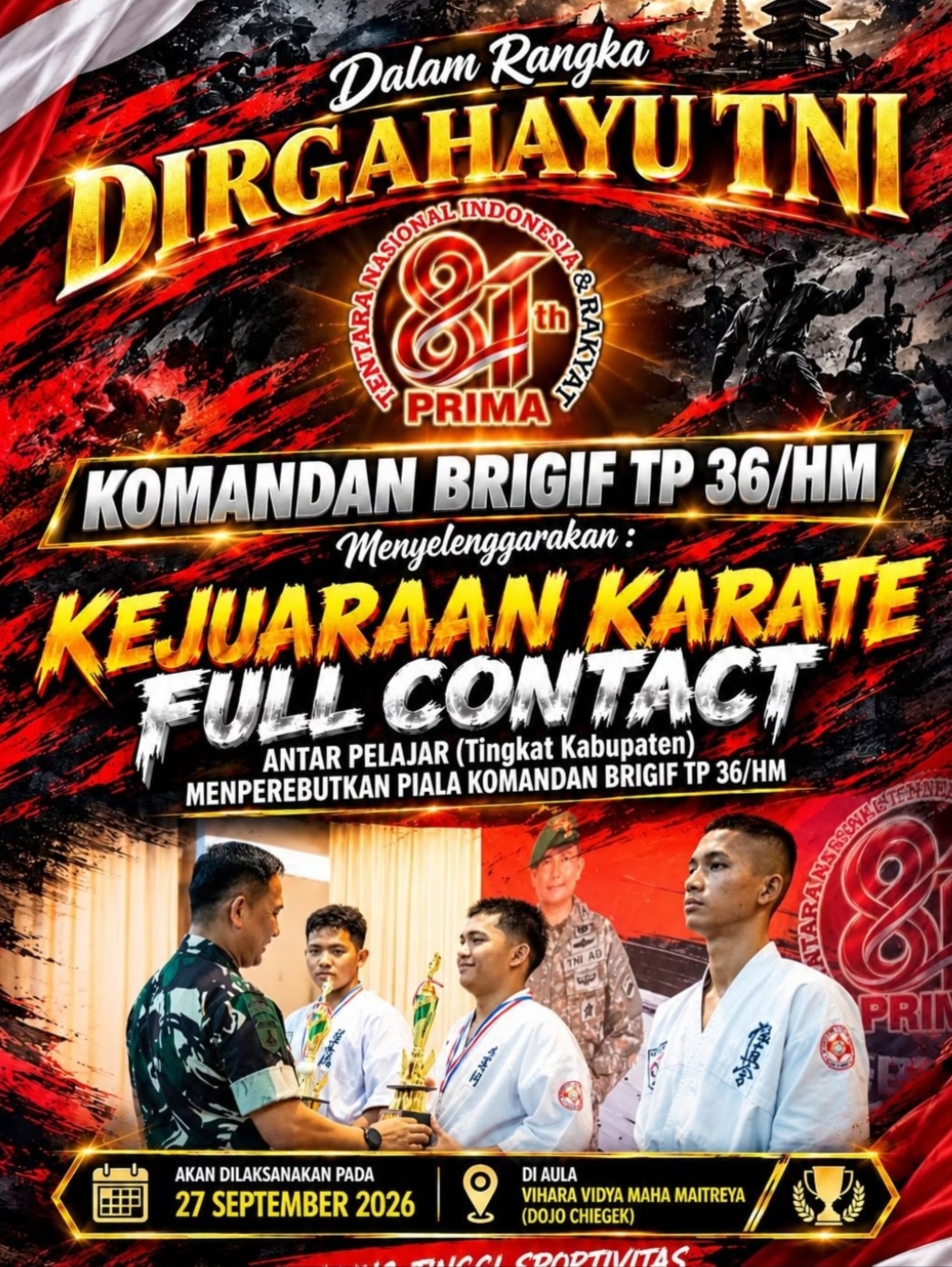 Rangkaian HUT TNI ke-81: Brigif TP 36/HM Wadahi Generasi Muda Lewat Kejuaraan Karate Full Contact