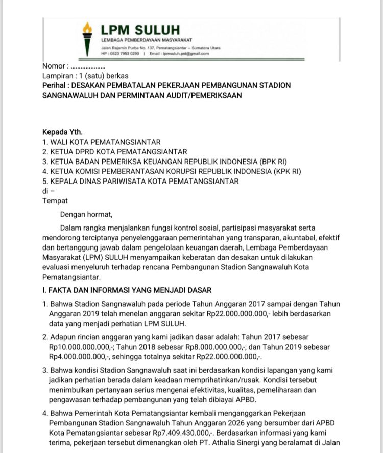 LPM Suluh Desak Pembatalan Proyek Stadion Sangnawaluh RP.7,4 M,Minta BPK dan KPK Turun Audit