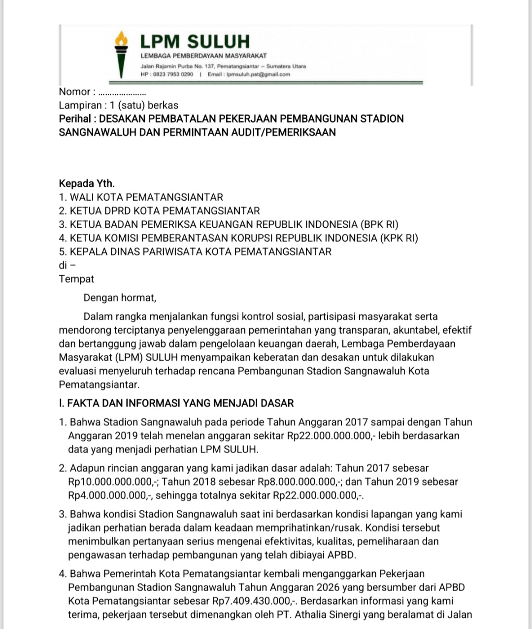 LPM Suluh Desak Pembatalan Proyek Stadion Sangnawaluh RP.7,4 M,Minta BPK dan KPK Turun Audit