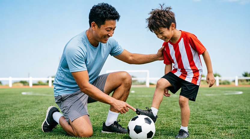 Orang tua dan anak di lapangan sepak bola