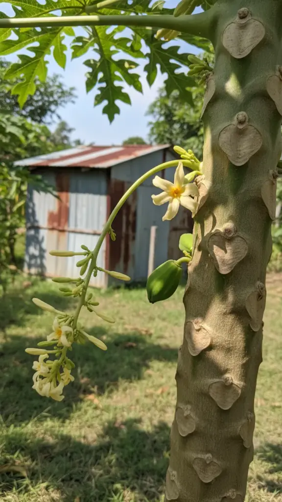 Branched spray of male papaya flowers beside a single flower with a tiny fruit swelling at its base