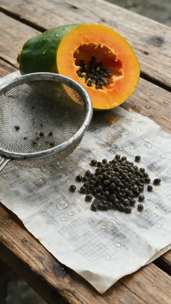 Cleaned black papaya seeds drying on newspaper beside a sieve and a halved ripe fruit