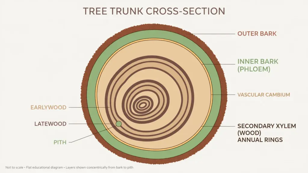 Diagram of bark, phloem, cambium, xylem rings, and pith layers