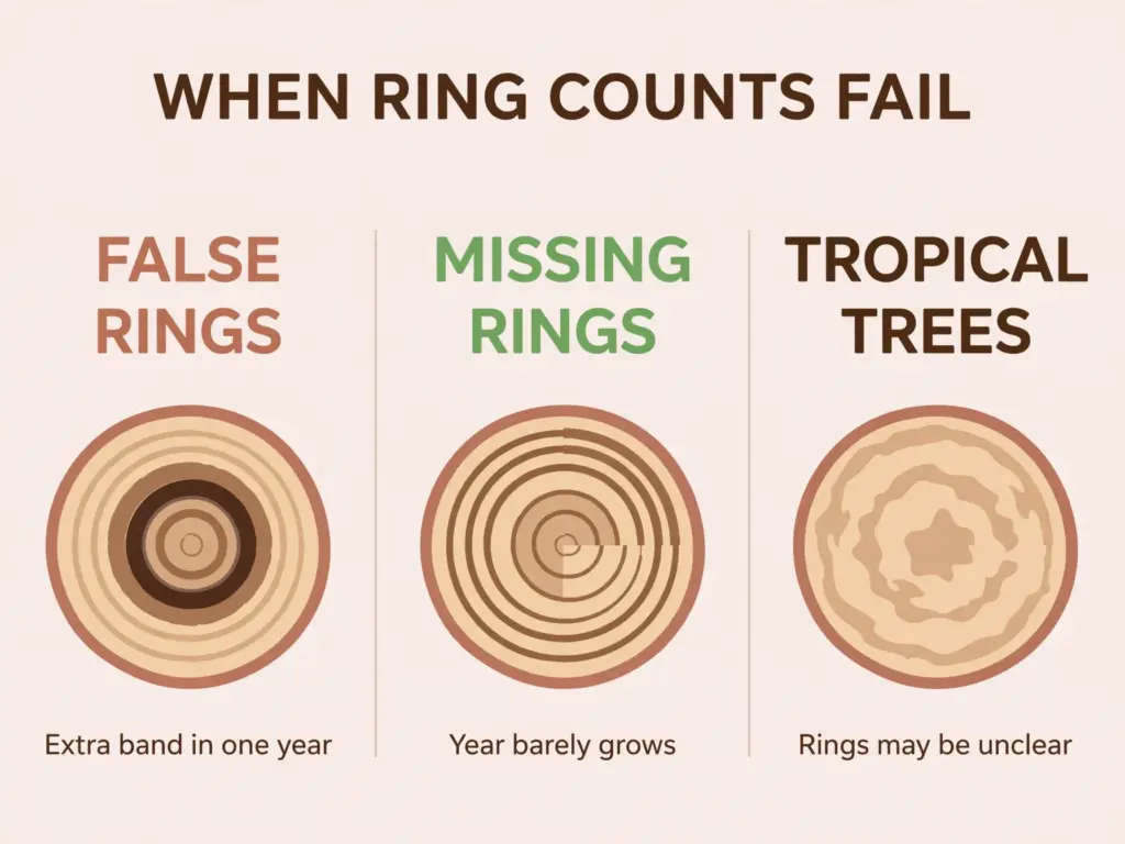 Infographic showing false rings, missing rings, and non-annual tropical rings