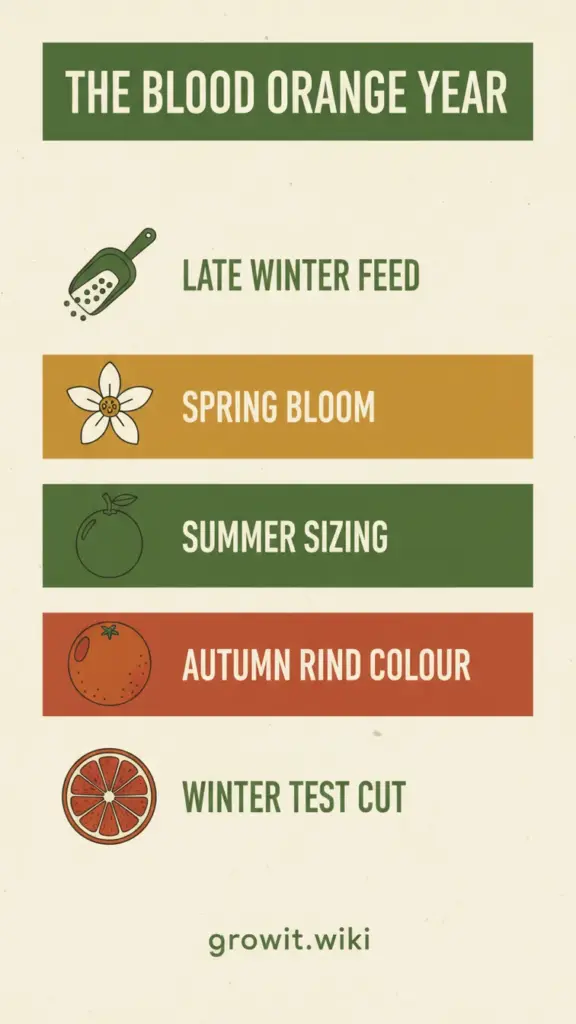 Vertical cheat sheet of the blood orange year from late winter feeding to the winter test cut
