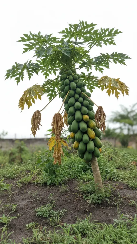 Whole mature papaya plant carrying fruit at every stage from tiny green to yellow-striped