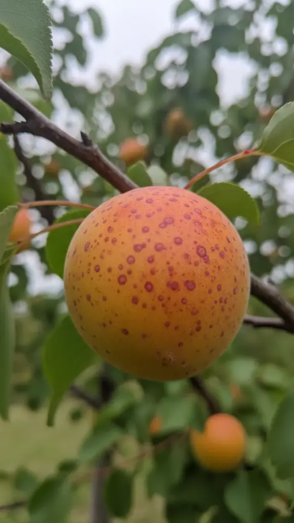 Apricot with small purplish-red circular fruit spots
