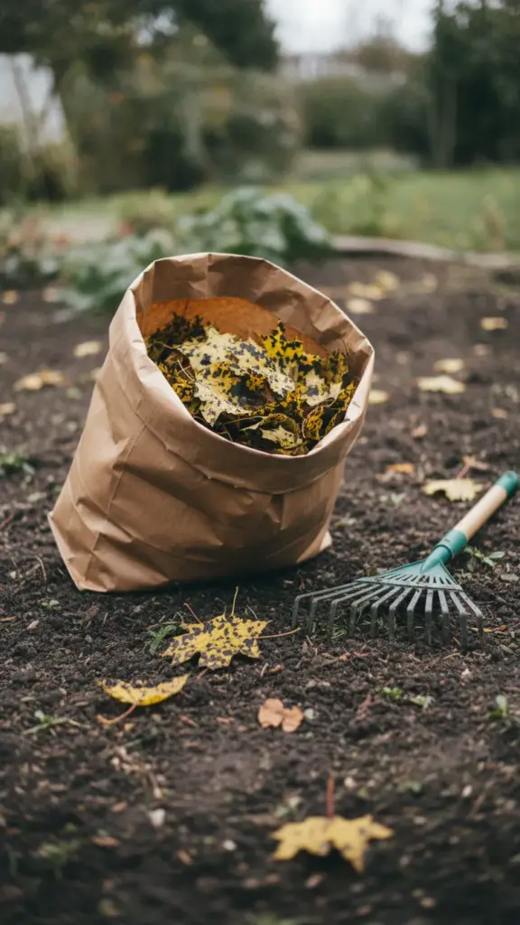 Yard waste bag filled with infected spotted leaves