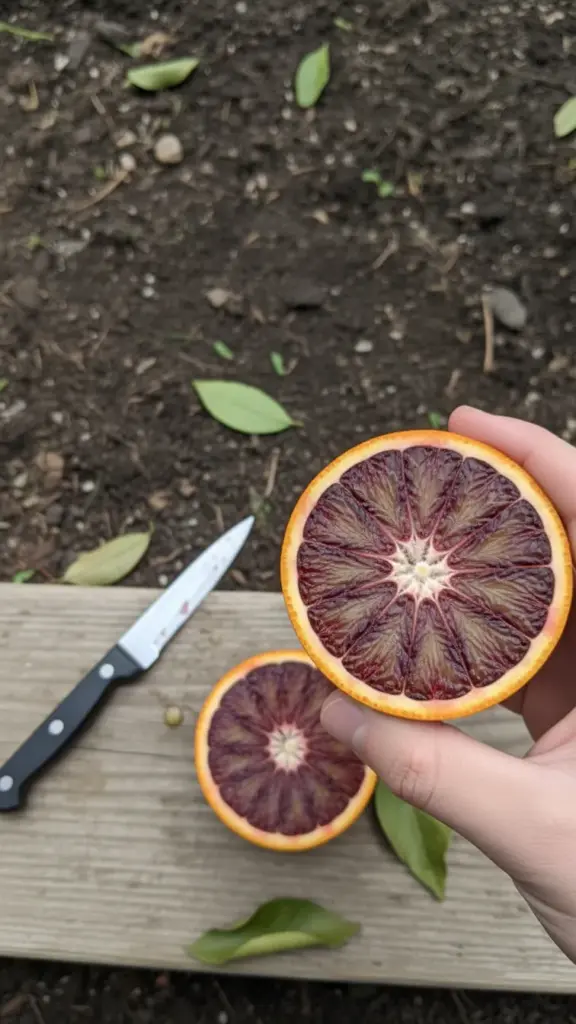 Hand holding a test cut blood orange showing uneven red streaks through the flesh