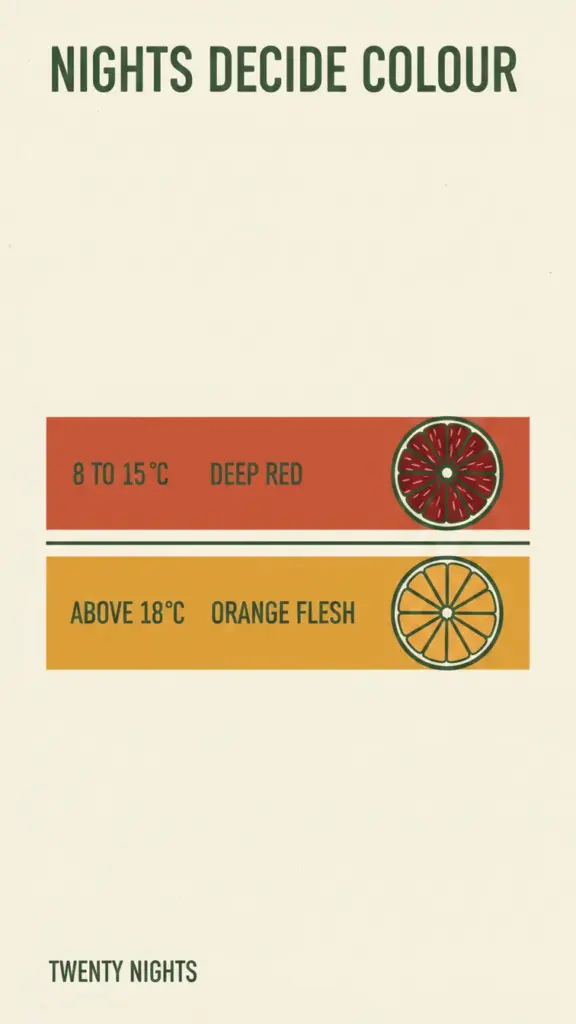 Diagram showing cool nights producing red blood orange flesh and mild nights producing orange flesh