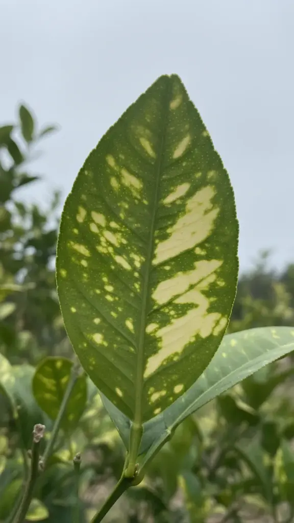 Citrus leaf with asymmetric blotchy yellow mottling typical of citrus greening