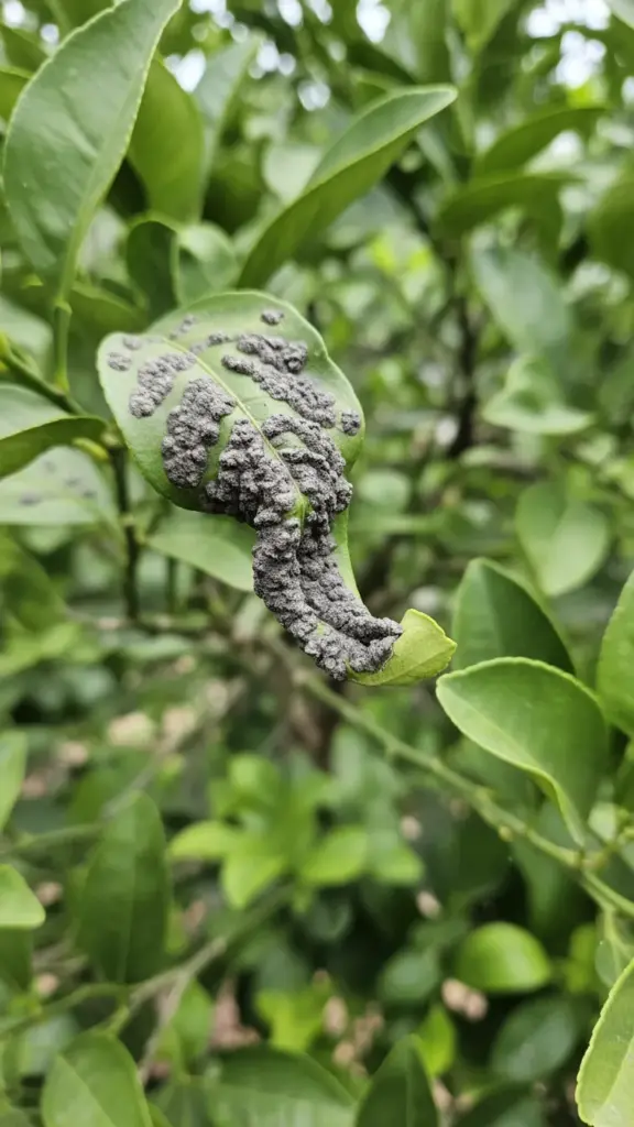 Mature grey and black wart-like scab growths on a citrus leaf