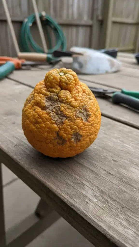Citrus fruit with thick corky puffy rind from severe scab