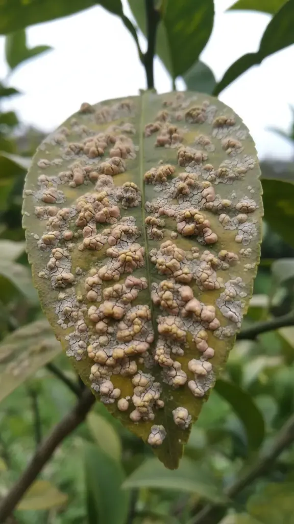 Warty citrus scab lesions on a citrus leaf