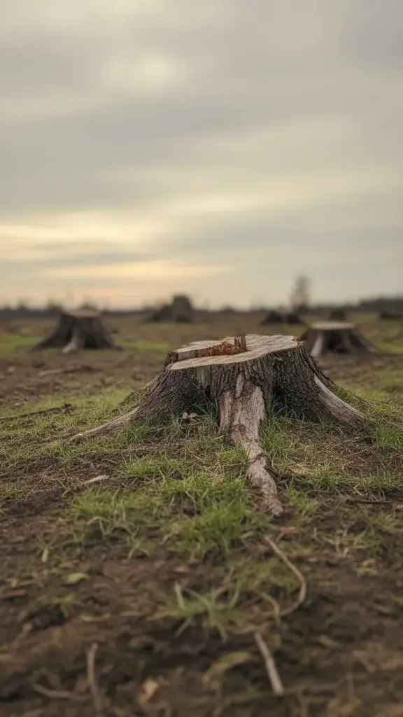 Cleared land with old oak stumps left in the soil