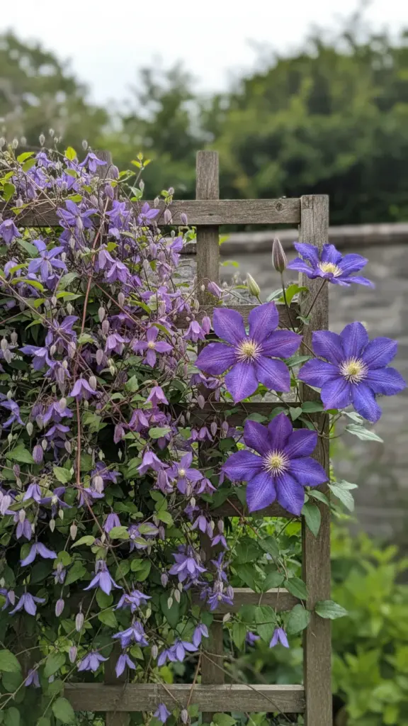 Small-flowered species clematis beside a large-flowered hybrid