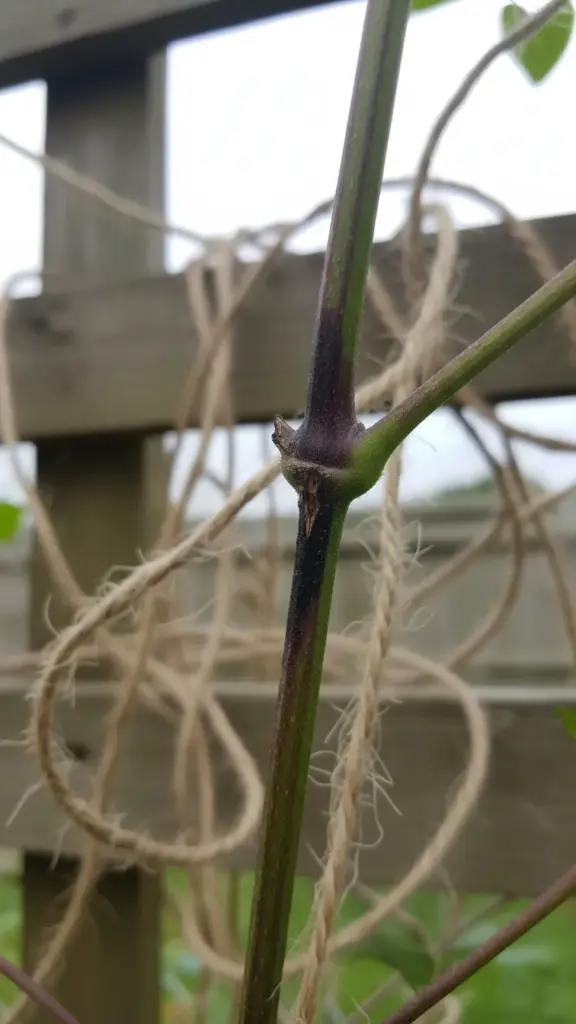 Slug-damaged clematis stem beside a healthy stem for comparison
