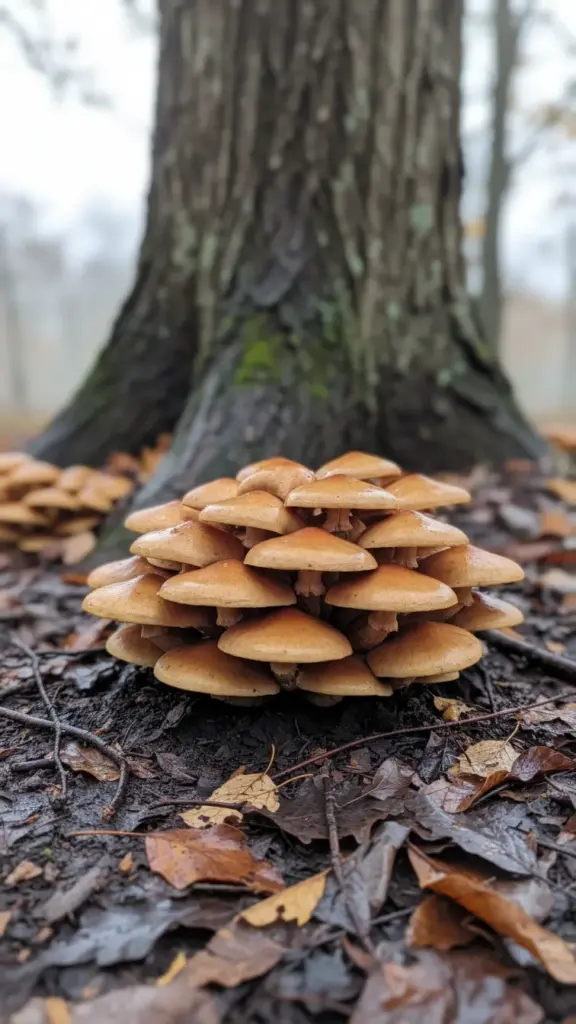 Honey-colored ringless mushroom cluster at the base of a tree, a sign of Clitocybe root rot